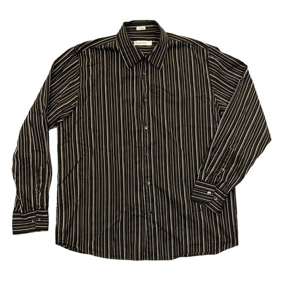 Calvin Klein Men's Button Up Shirt Size L Black Gray Striped Long Sleeves GUC - Picture 1 of 9